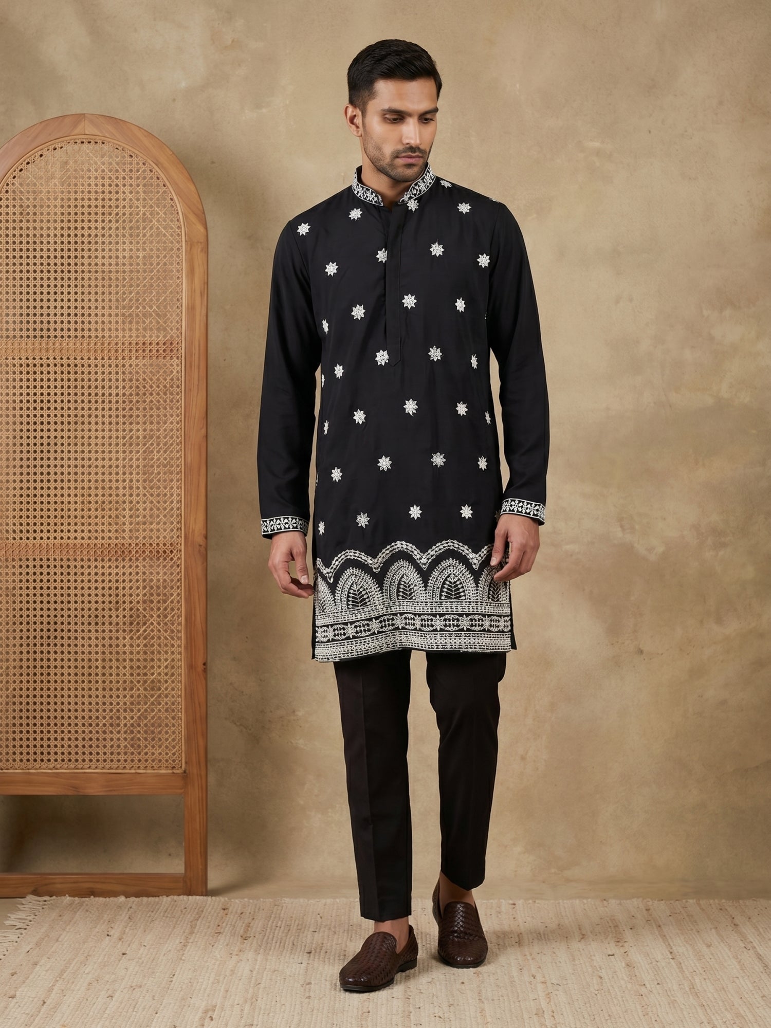 DesiQlo Men Embroidered Kurta Pyjama Set - Black - 65KP_5547Black_S