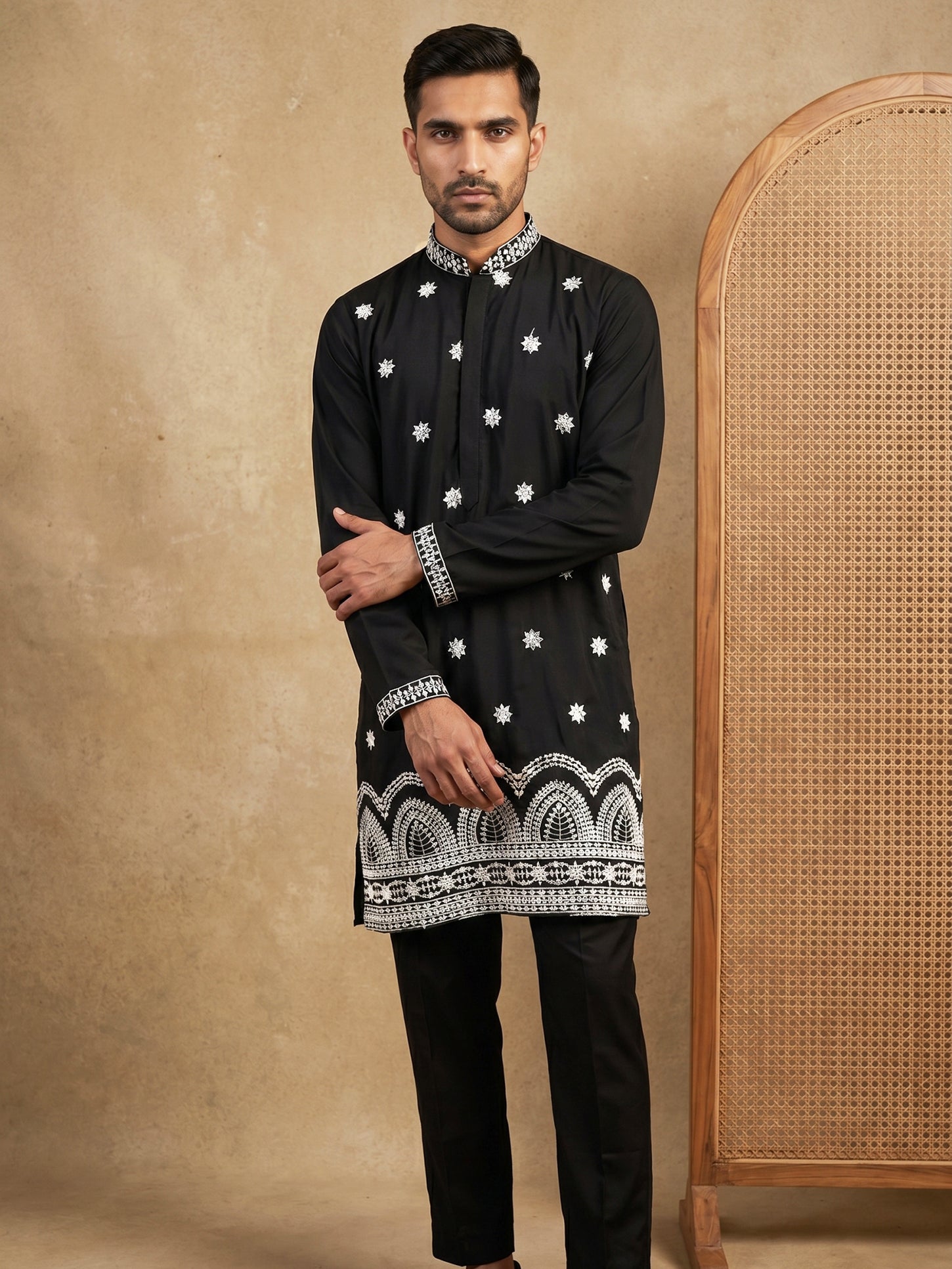 DesiQlo Men Embroidered Kurta Pyjama Set - Black - 65KP_5547Black_S