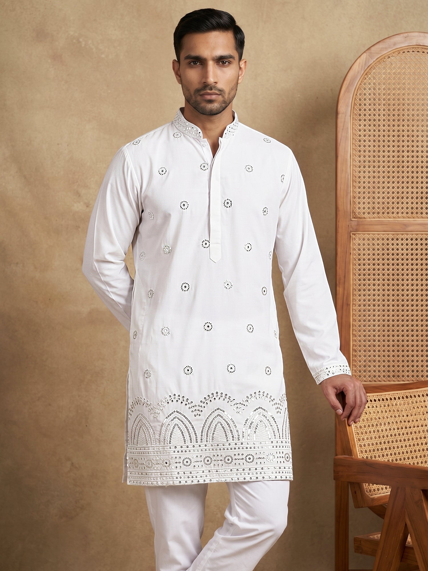 DesiQlo Men Embroidered Kurta Pyjama Set - White - 65KP_5547White_S