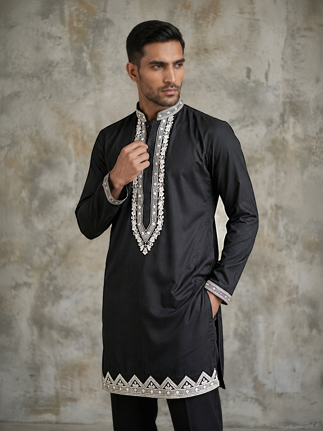 DesiQlo Men Embroidered Kurta Pyjama Set - Black - 65KP_5548Black_S