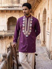 Cotton Blend Floral Embroidered Kurta Set ( 65KP PJ11W 5550Purple ) [FF] [O-11-14]