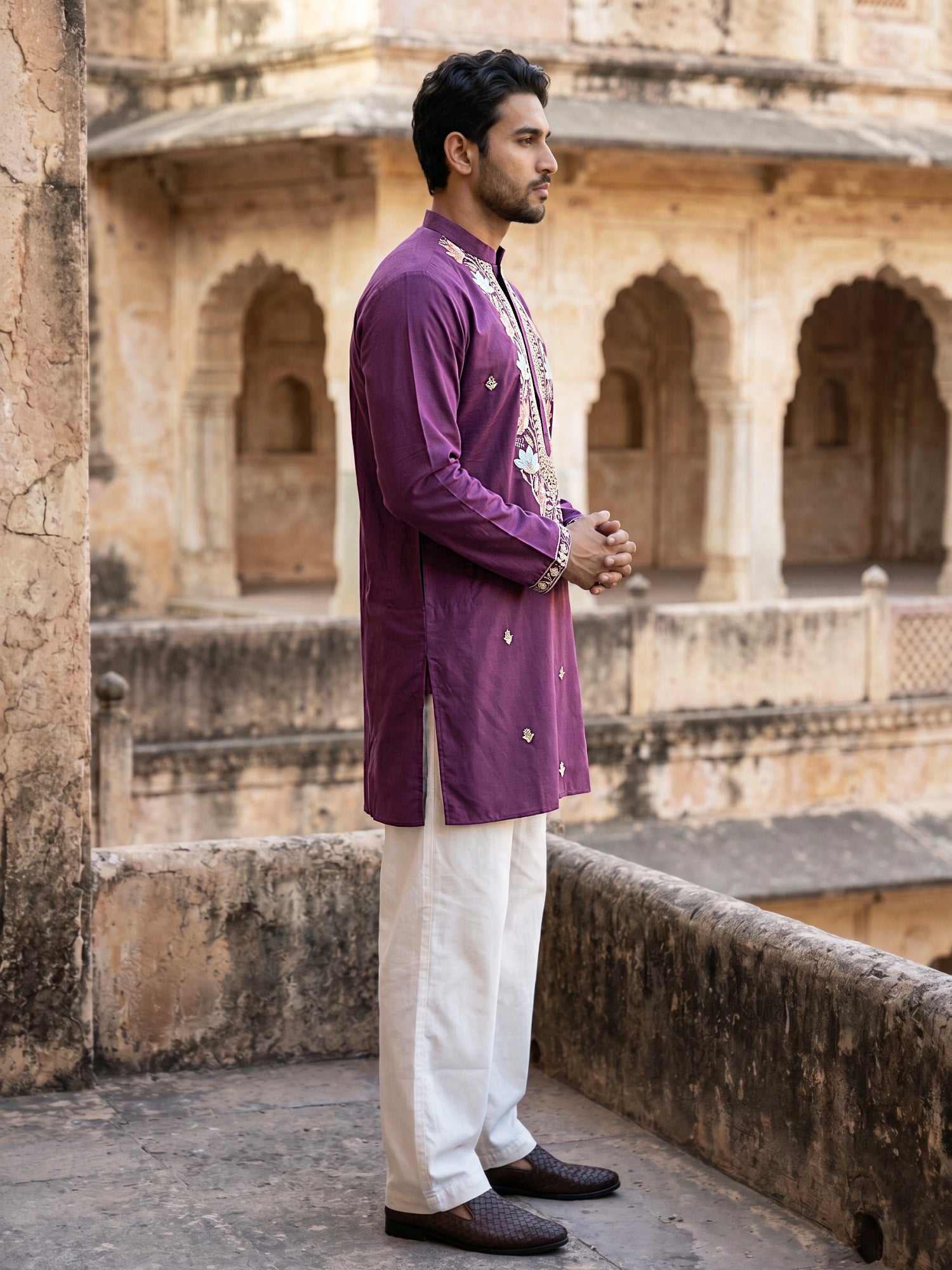 DesiQlo Men Embroidered Kurta Pyjama Set - Purple - 65KP_PJ11W_5550Pur