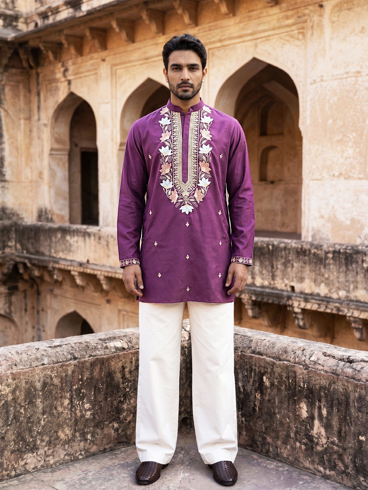 DesiQlo Men Embroidered Kurta Pyjama Set - Purple - 65KP_PJ11W_5550Pur