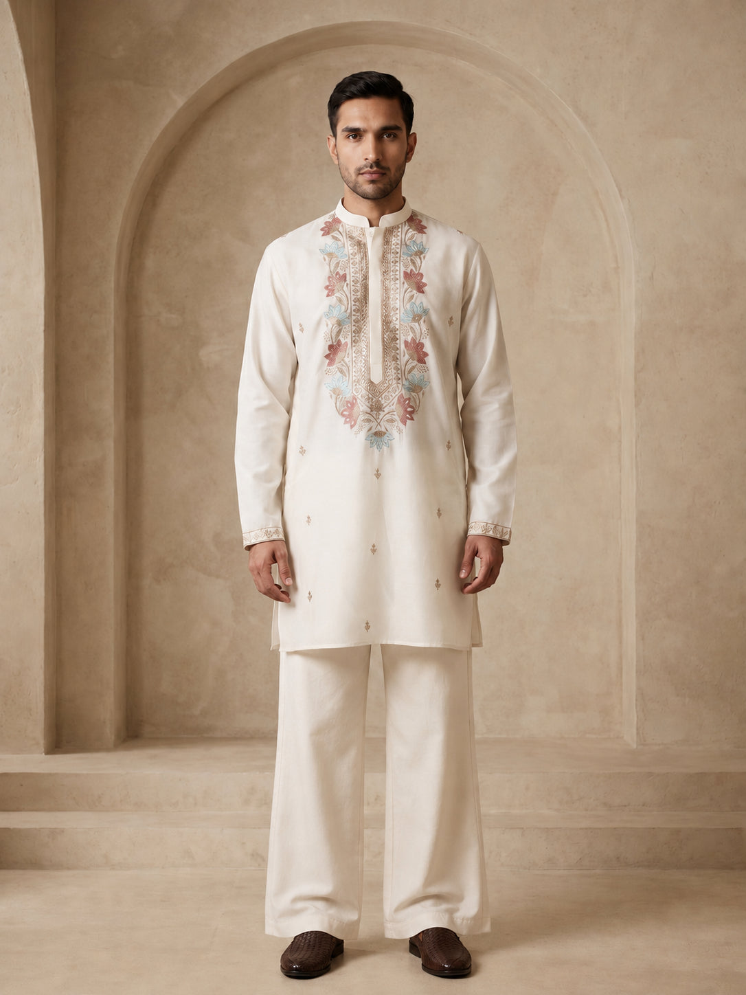 Cotton Blend Floral Embroidered Kurta Set ( 65KP PJ11W 5550White ) [FF] [O-11-14]
