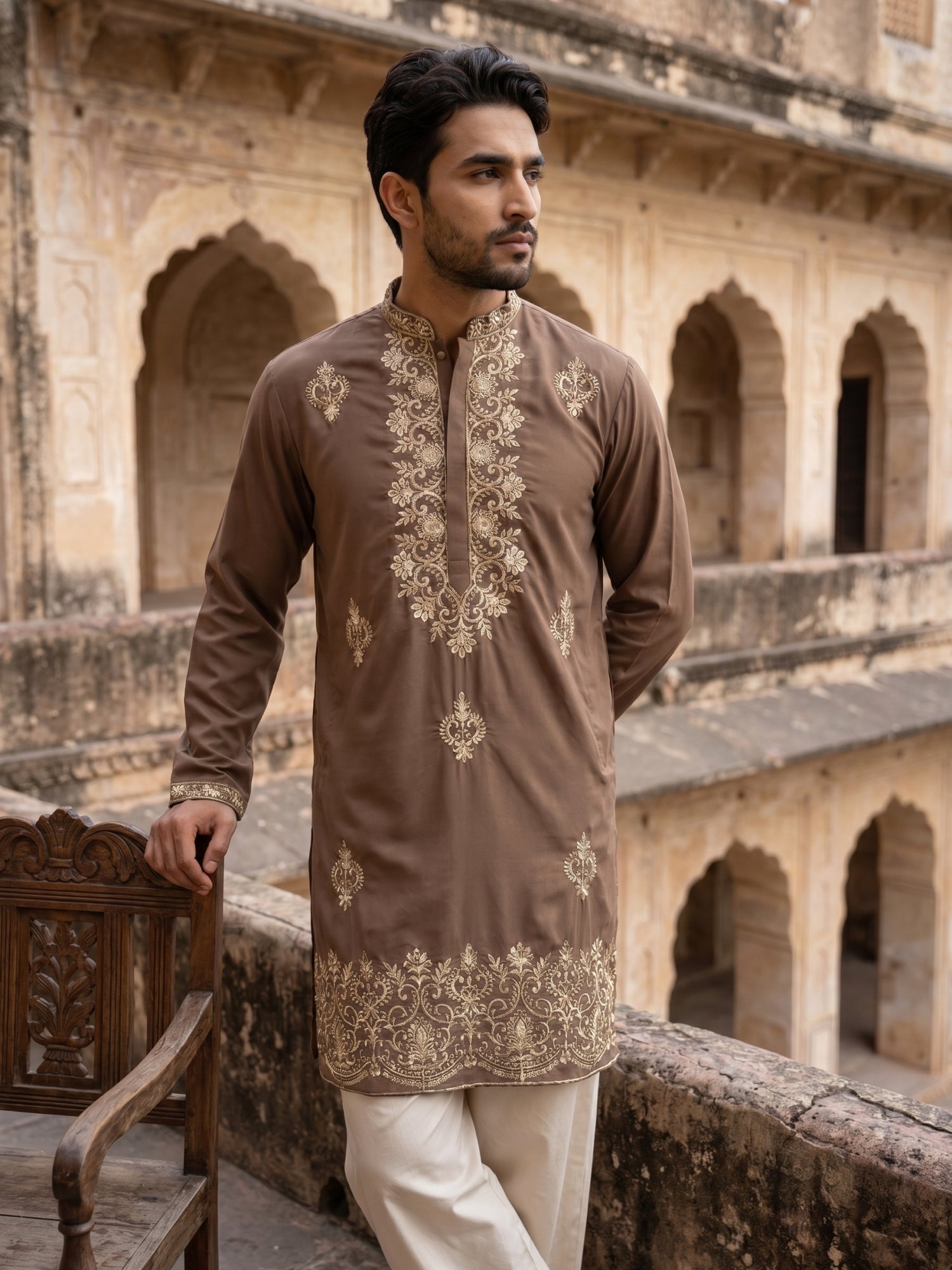 DesiQlo Men Embroidered Kurta Pyjama Set - Brown - 65KP_PJ11W_5551Brow