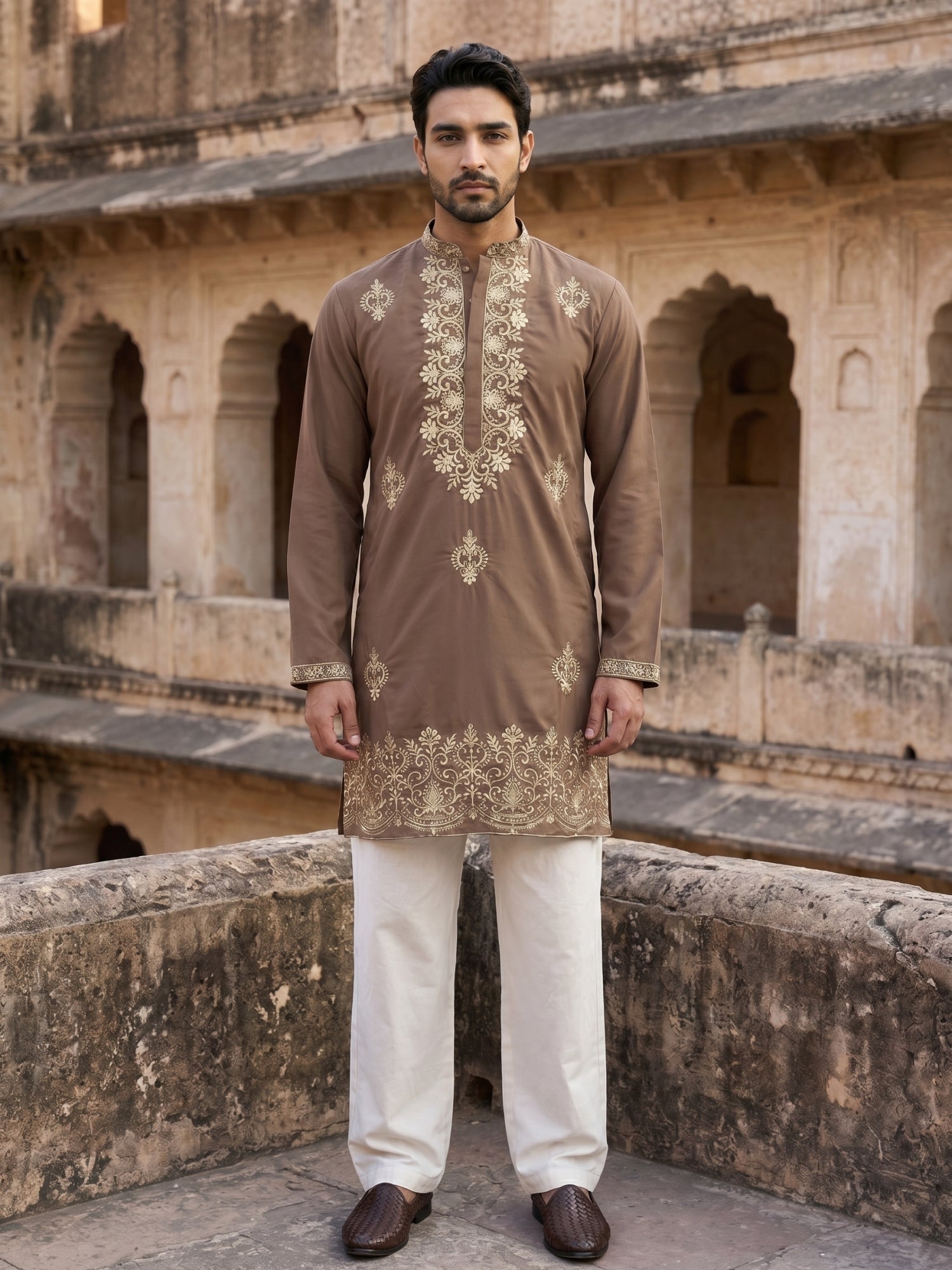 DesiQlo Men Embroidered Kurta Pyjama Set - Brown - 65KP_PJ11W_5551Brow