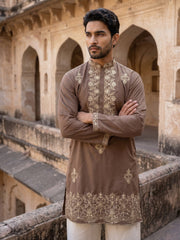 Japanese Fabric Embroidered Kurta Set ( 65KP PJ11W 5551Brown ) [FF] [B-10]