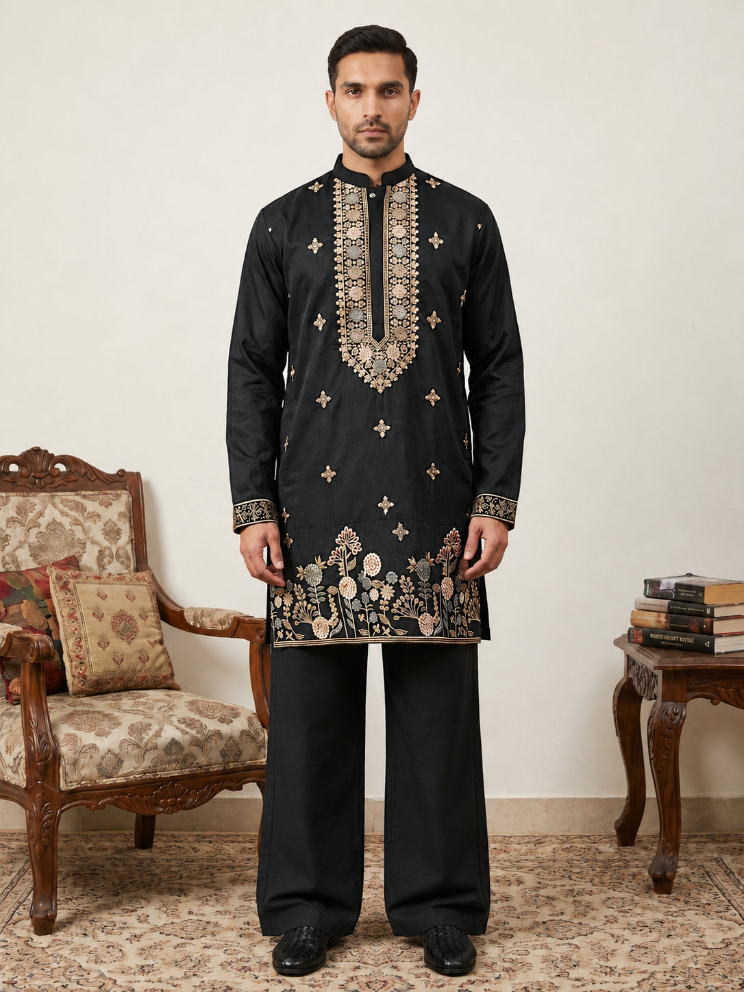DesiQlo Men Embroidered Kurta Pyjama Set - Black - 65KP_PJ11W_5552Blac