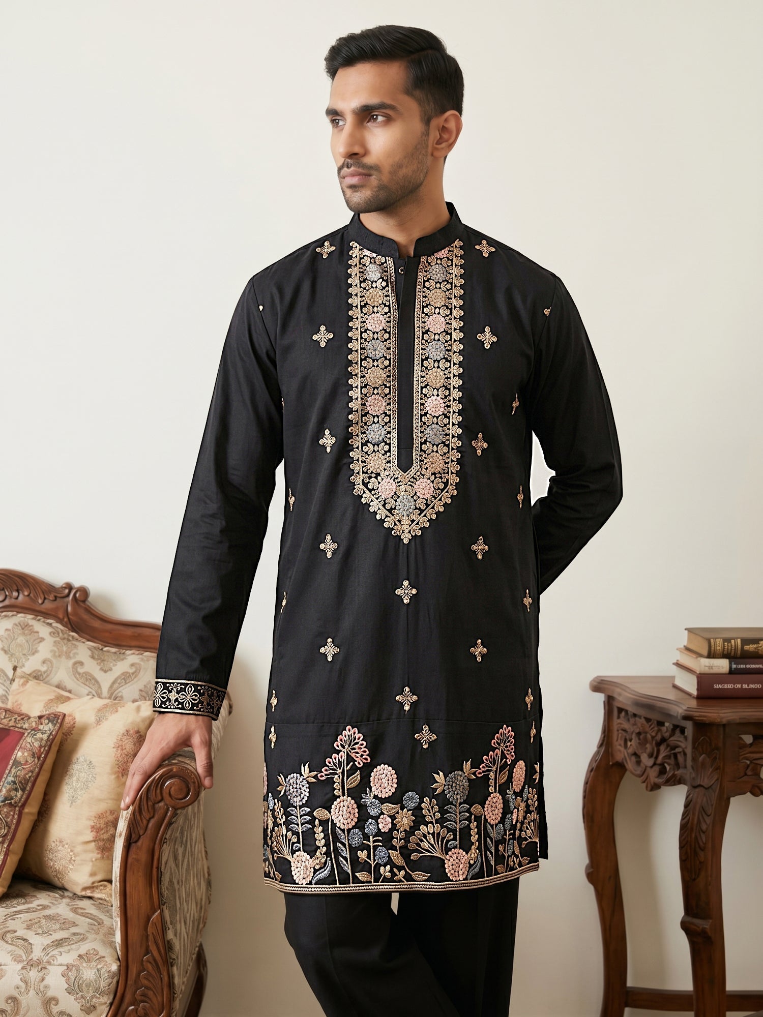 DesiQlo Men Embroidered Kurta Pyjama Set - Black - 65KP_PJ11W_5552Blac