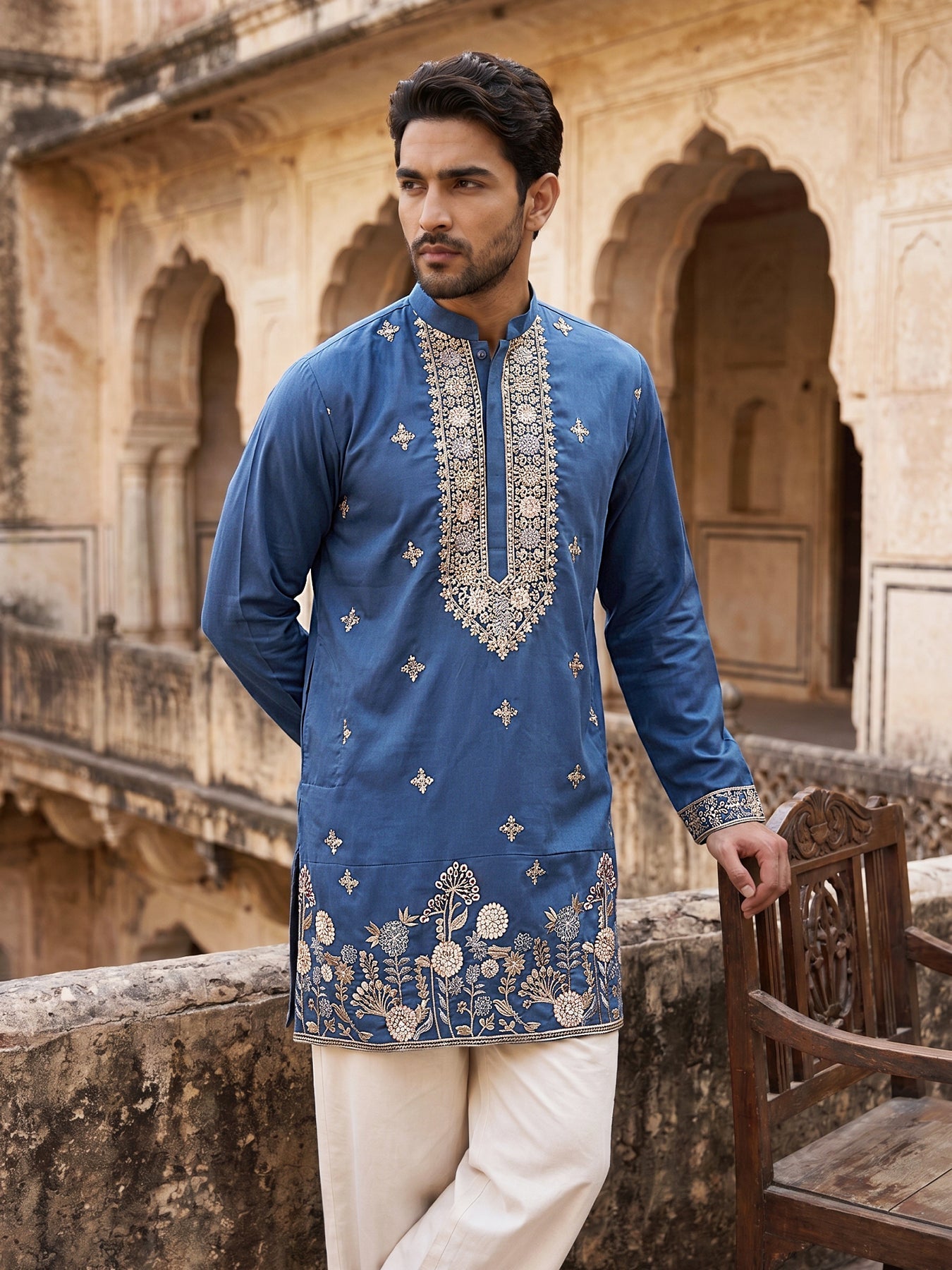 DesiQlo Men Embroidered Kurta Pyjama Set - Multicolor - 65KP_PJ11W_555