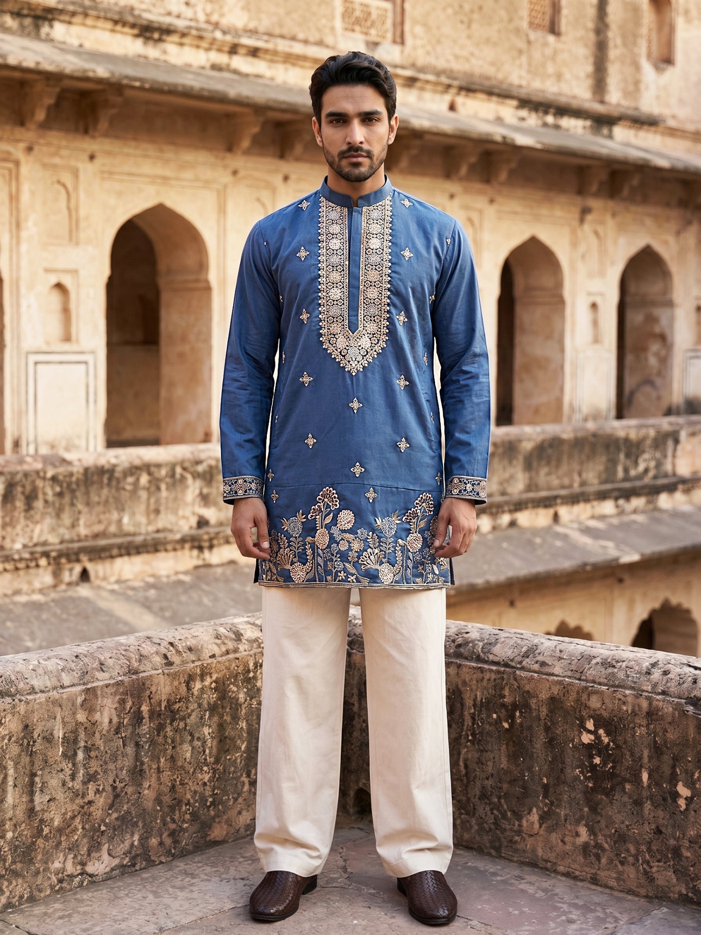 DesiQlo Men Embroidered Kurta Pyjama Set - Multicolor - 65KP_PJ11W_555