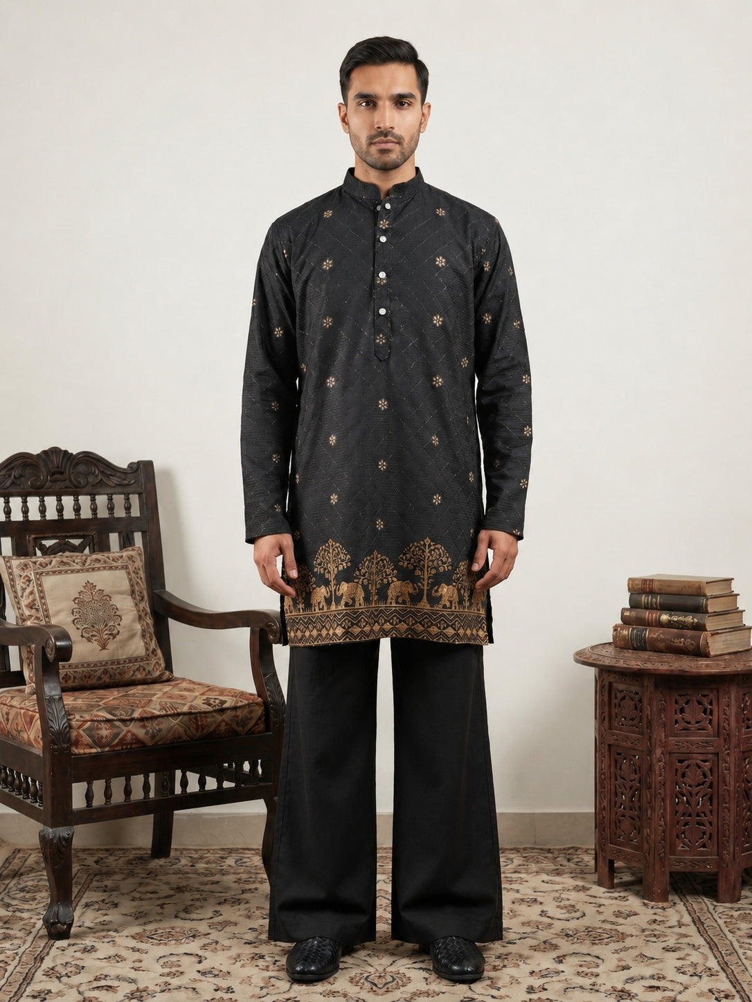 DesiQlo Men Embroidered Kurta Pyjama Set - Black - 65KP_PJ11B_5553Blac