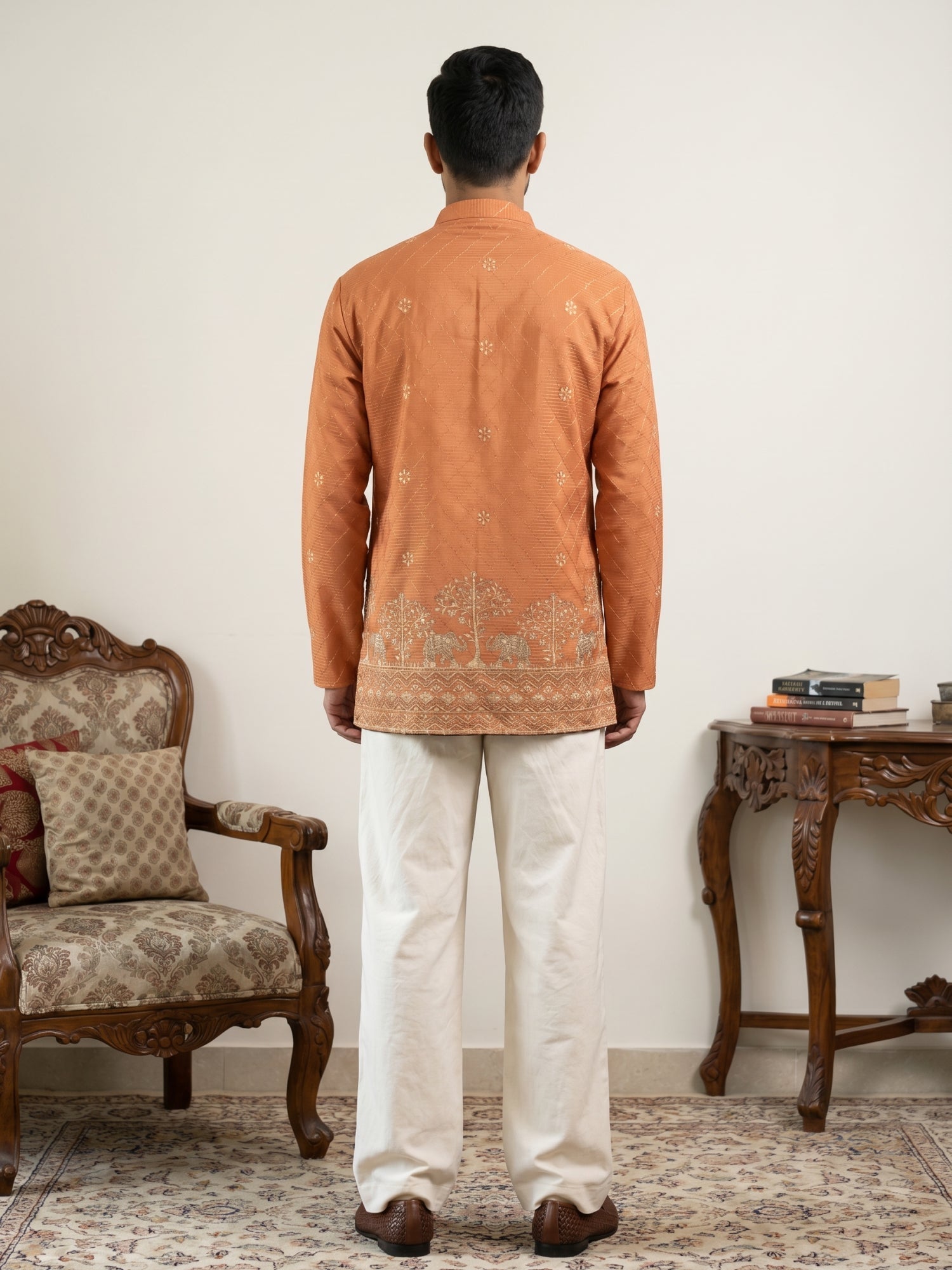 DesiQlo Men Embroidered Kurta Pyjama Set - Orange - 65KP_PJ11W_5553Ora