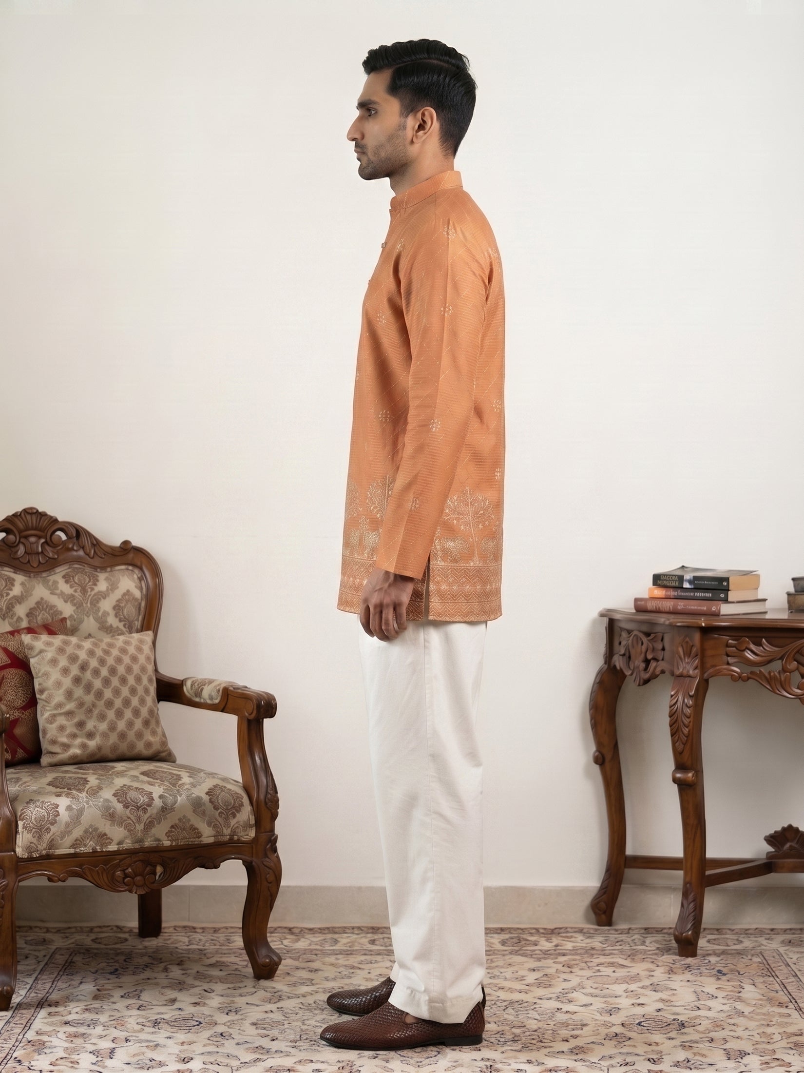 DesiQlo Men Embroidered Kurta Pyjama Set - Orange - 65KP_PJ11W_5553Ora