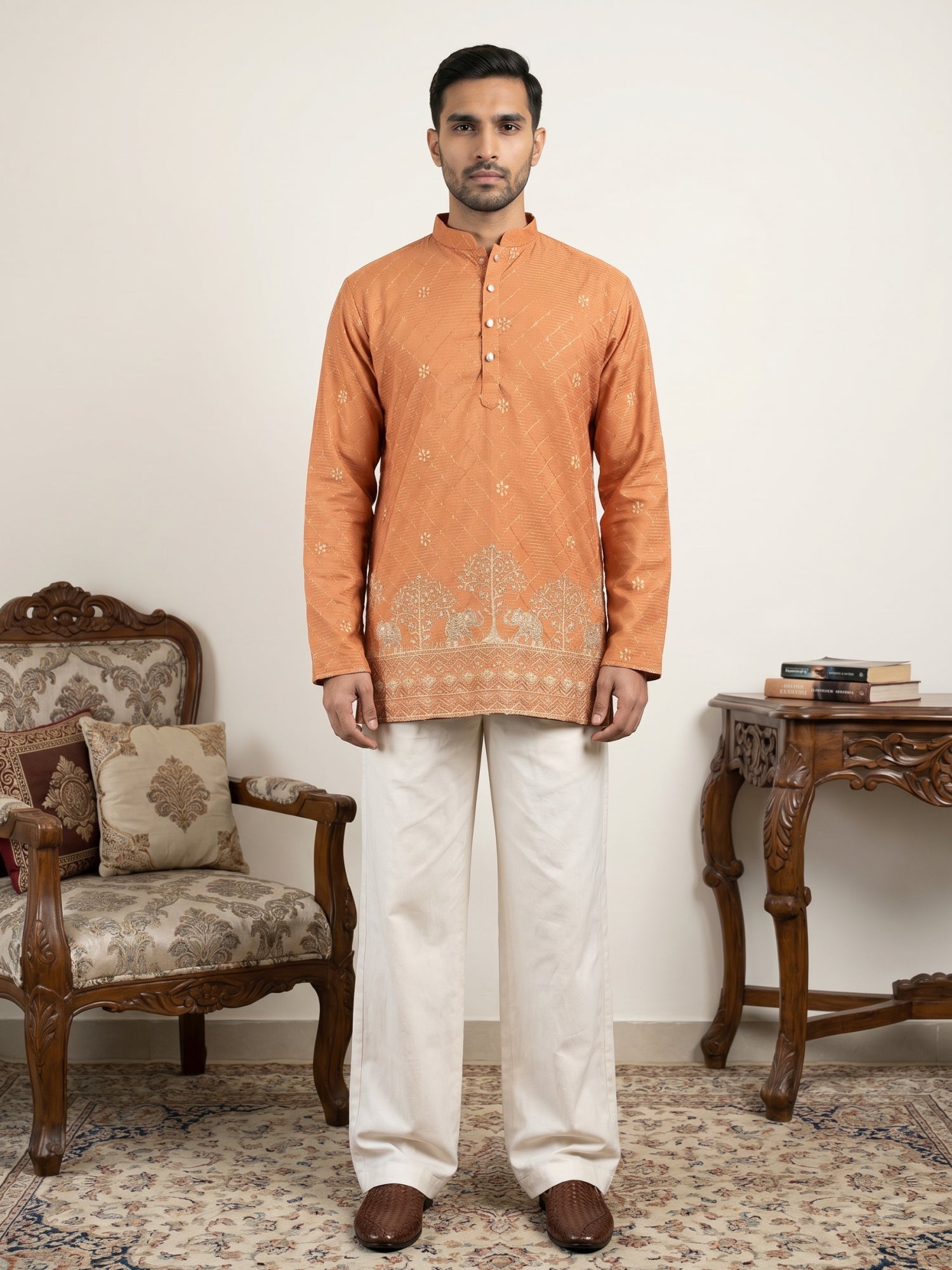 DesiQlo Men Embroidered Kurta Pyjama Set - Orange - 65KP_PJ11W_5553Ora
