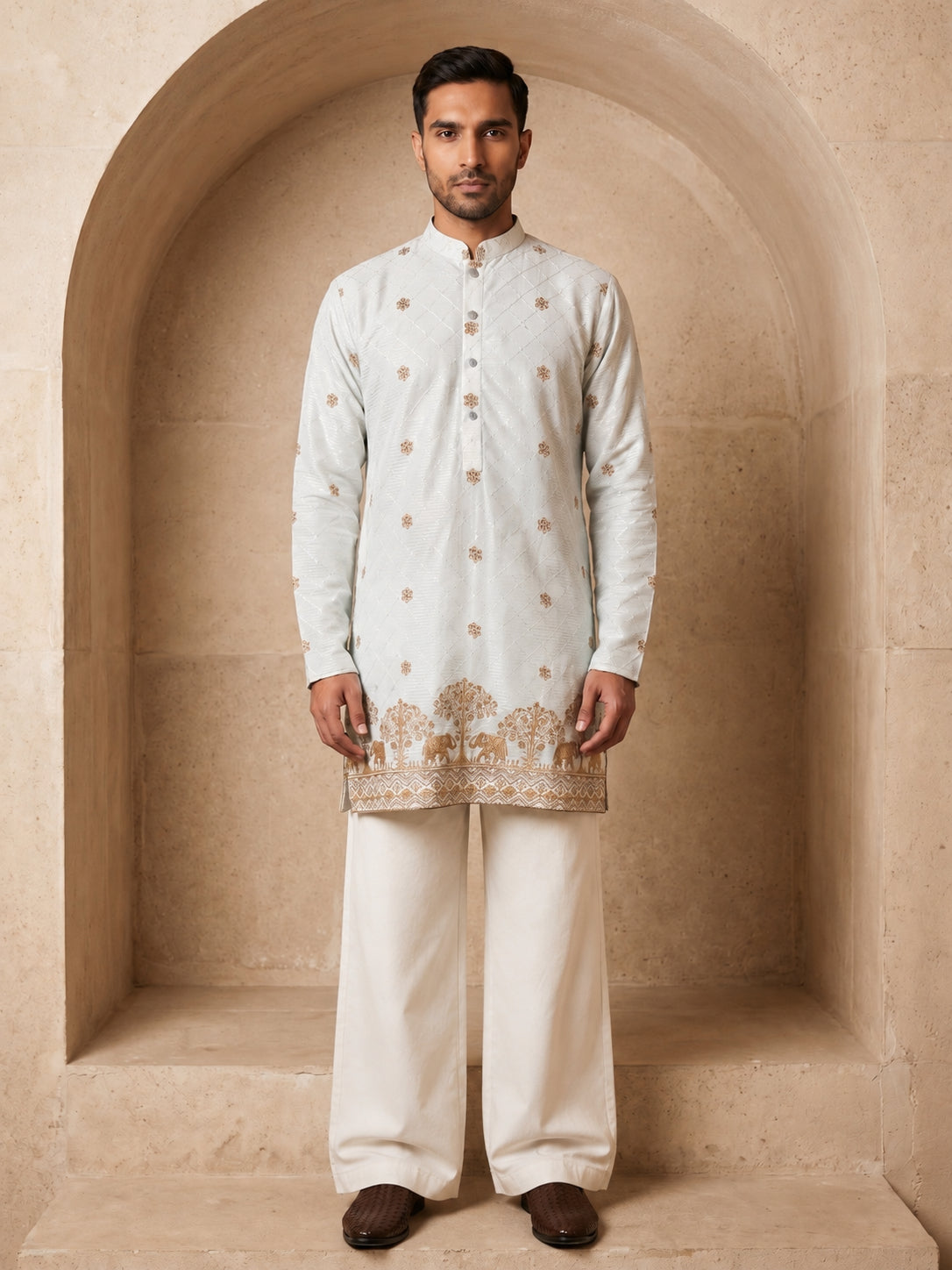 Premium Printed & Thread Work Kurta with Korean Pants ( 65KP PJ11W 5553White ) [FF] [D-3]