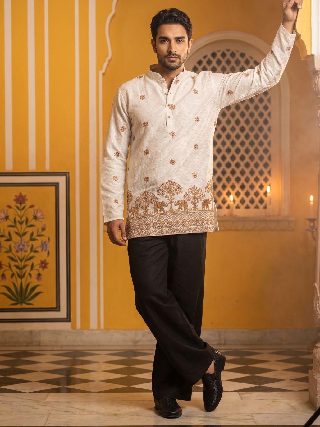 DesiQlo Men Embroidered Kurta Pyjama Set - White - 65KP_PJ11B_5553Whit