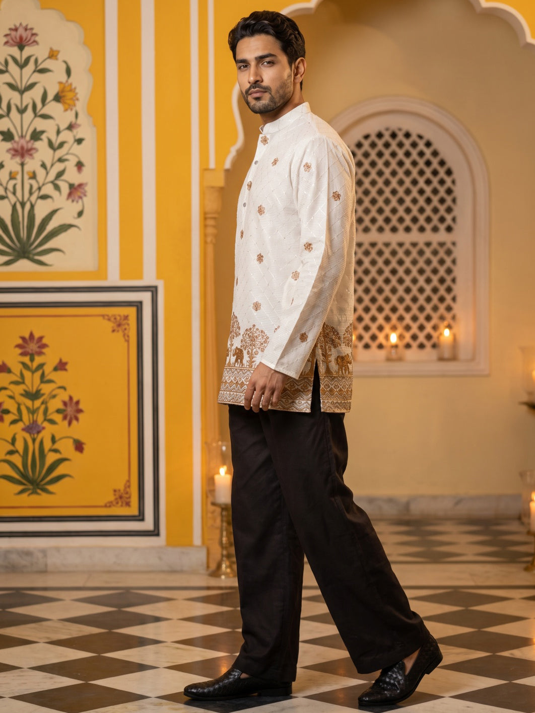 DesiQlo Men Embroidered Kurta Pyjama Set - White - 65KP_PJ11B_5553Whit