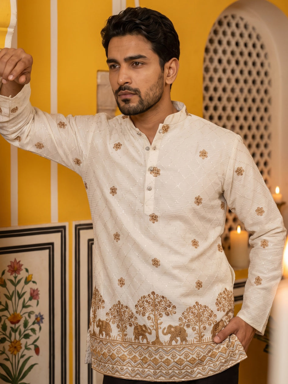 DesiQlo Men Embroidered Kurta Pyjama Set - White - 65KP_PJ11B_5553Whit