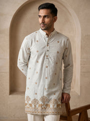 Premium Printed & Thread Work Kurta with Korean Pants ( 65KP PJ11W 5553White ) [FF] [D-3]