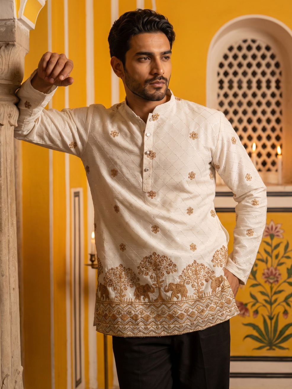 DesiQlo Men Embroidered Kurta Pyjama Set - White - 65KP_PJ11B_5553Whit