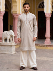 Men's Silk Blend Embroidered Kurta with Korean Pants ( 65KP PJ11W 5554Beige ) [FF] [B-10]