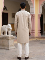 Men's Silk Blend Embroidered Kurta with Korean Pants ( 65KP PJ11W 5554Beige ) [FF] [B-10]