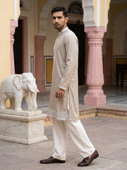 Men's Silk Blend Embroidered Kurta with Korean Pants ( 65KP PJ11W 5554Beige ) [FF] [B-10]