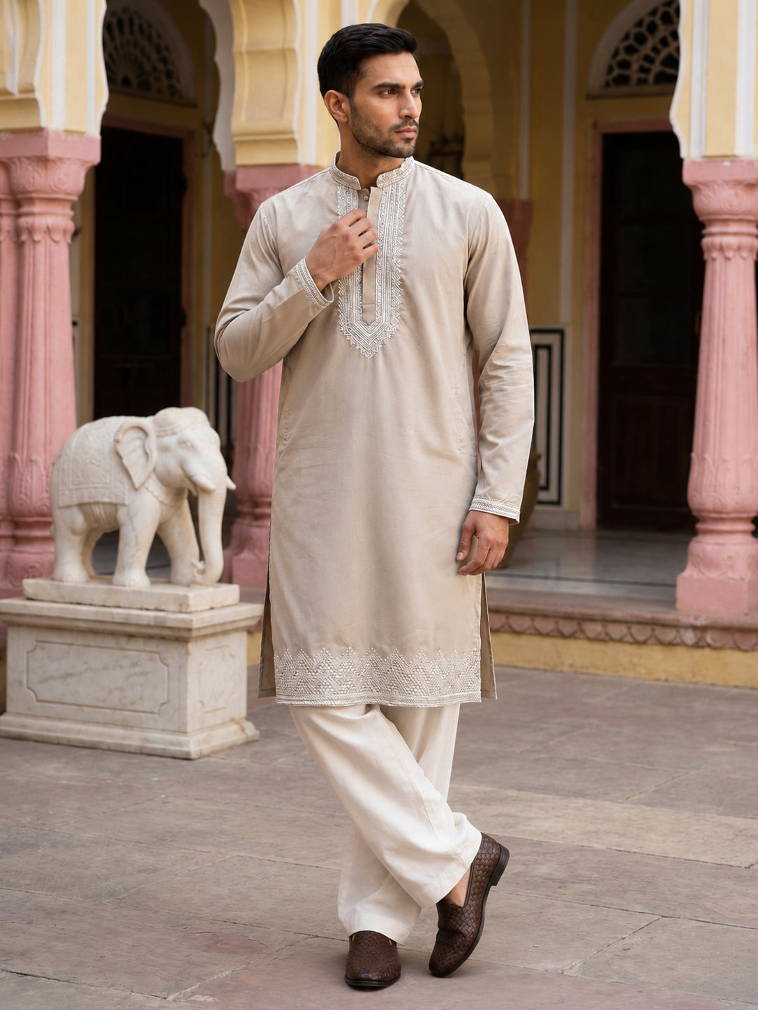 DesiQlo Men Embroidered Kurta Pyjama Set - Beige - 65KP_PJ11W_5554Beig