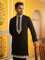 Men's Silk Blend Embroidered Kurta with Korean Pants ( 65KP B-P 5554Black ) [FF] [B-10]