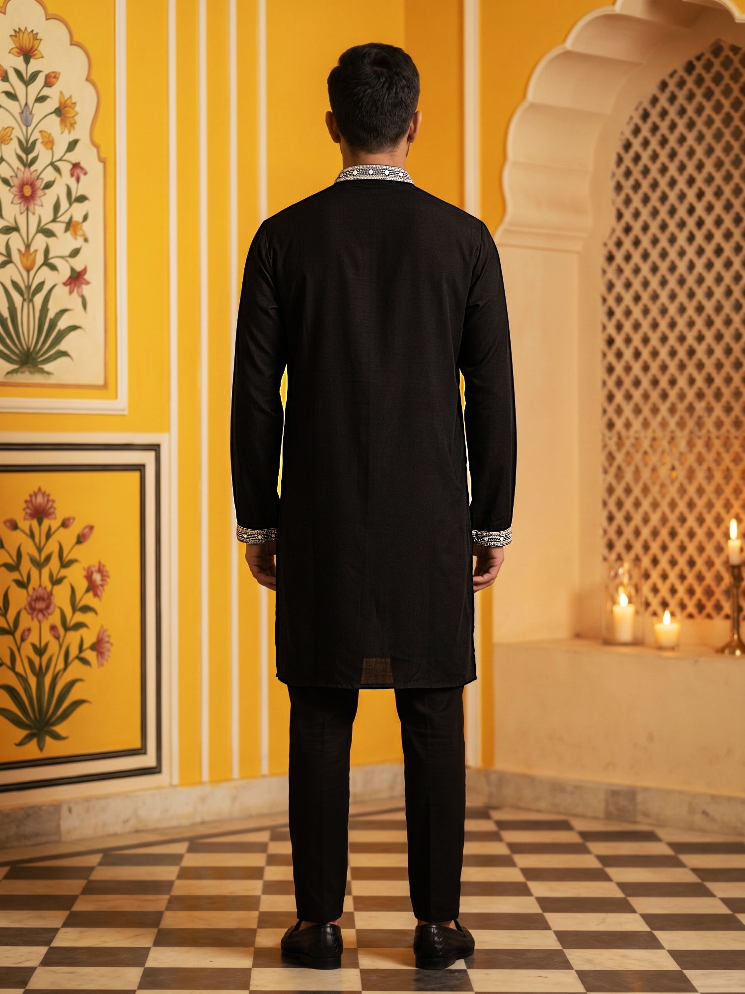 DesiQlo Men Embroidered Kurta Pyjama Set - Black - 65KP_B-P_5554Black_