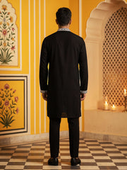 Men's Silk Blend Embroidered Kurta with Korean Pants ( 65KP B-P 5554Black ) [FF] [B-10]