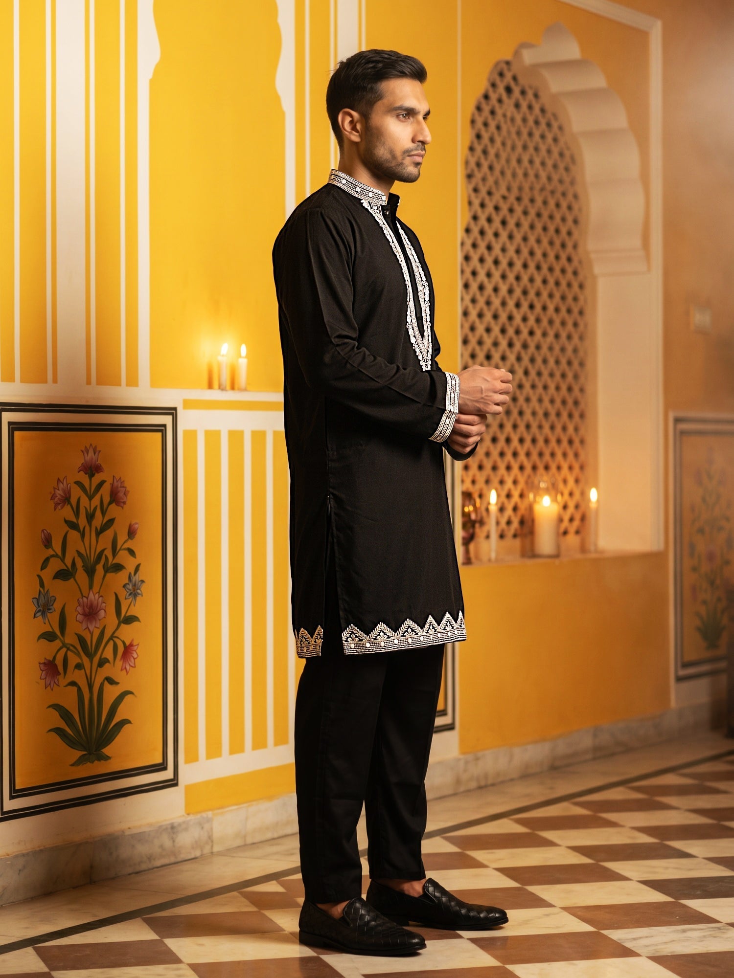 DesiQlo Men Embroidered Kurta Pyjama Set - Black - 65KP_B-P_5554Black_