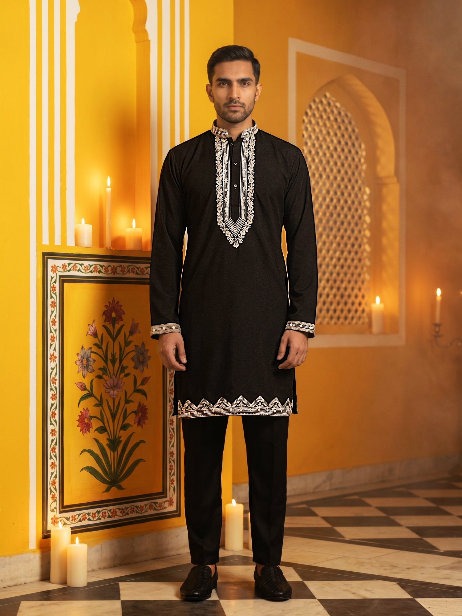 DesiQlo Men Embroidered Kurta Pyjama Set - Black - 65KP_B-P_5554Black_