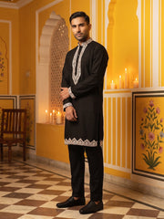 Men's Silk Blend Embroidered Kurta with Korean Pants ( 65KP B-P 5554Black ) [FF] [B-10]
