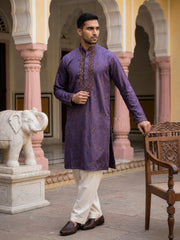 Men's Cotton Blend Embroidered Kurta with Korean Pants ( 65KP PJ11W 5555Purple ) [FF] [A-1-2-3-4]