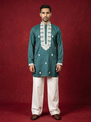 Men's Embroidered Silk Blend Kurta & Korean Pants ( 65KP PJ11W 5565Peacock ) [FF] [A-1-2-3-4]