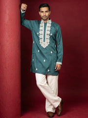 Men's Embroidered Silk Blend Kurta & Korean Pants ( 65KP PJ11W 5565Peacock ) [FF] [A-1-2-3-4]