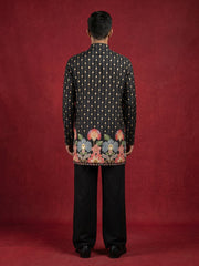 Men's Floral Printed Kurta with Korean Pants ( 65KP PJ11B 5566Black ) [FF] [H-6]