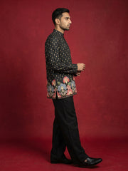 Men's Floral Printed Kurta with Korean Pants ( 65KP PJ11B 5566Black ) [FF] [H-6]