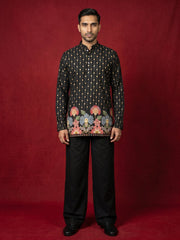 Men's Floral Printed Kurta with Korean Pants ( 65KP PJ11B 5566Black ) [FF] [H-6]