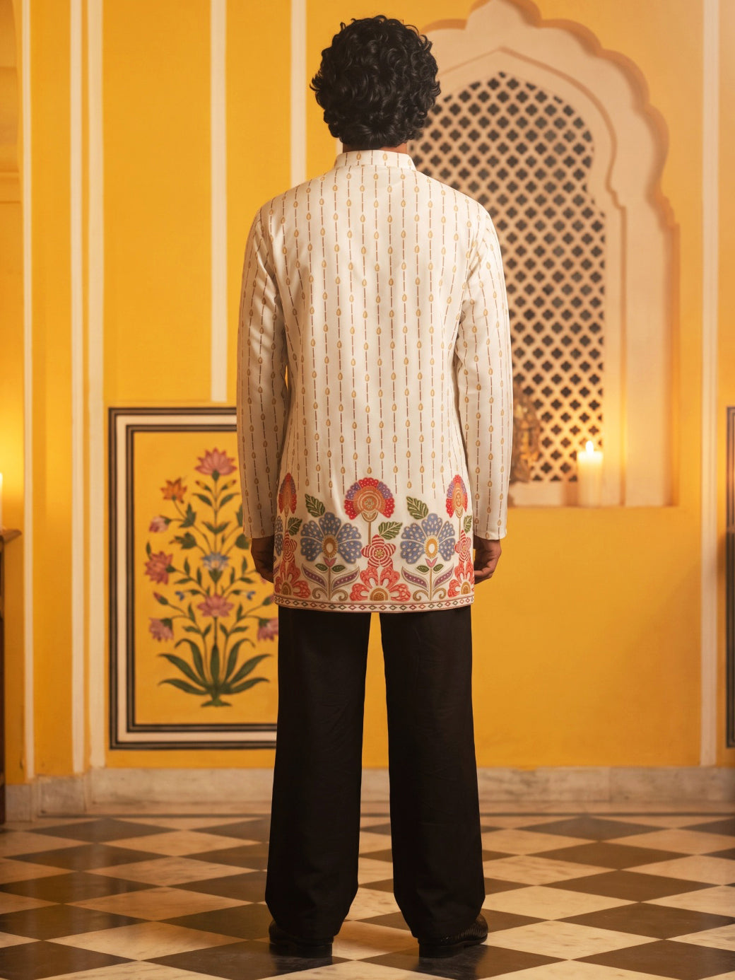 DesiQlo Men Printed Kurta Pyjama Set - White - 65KP_PJ11B_5566White_S