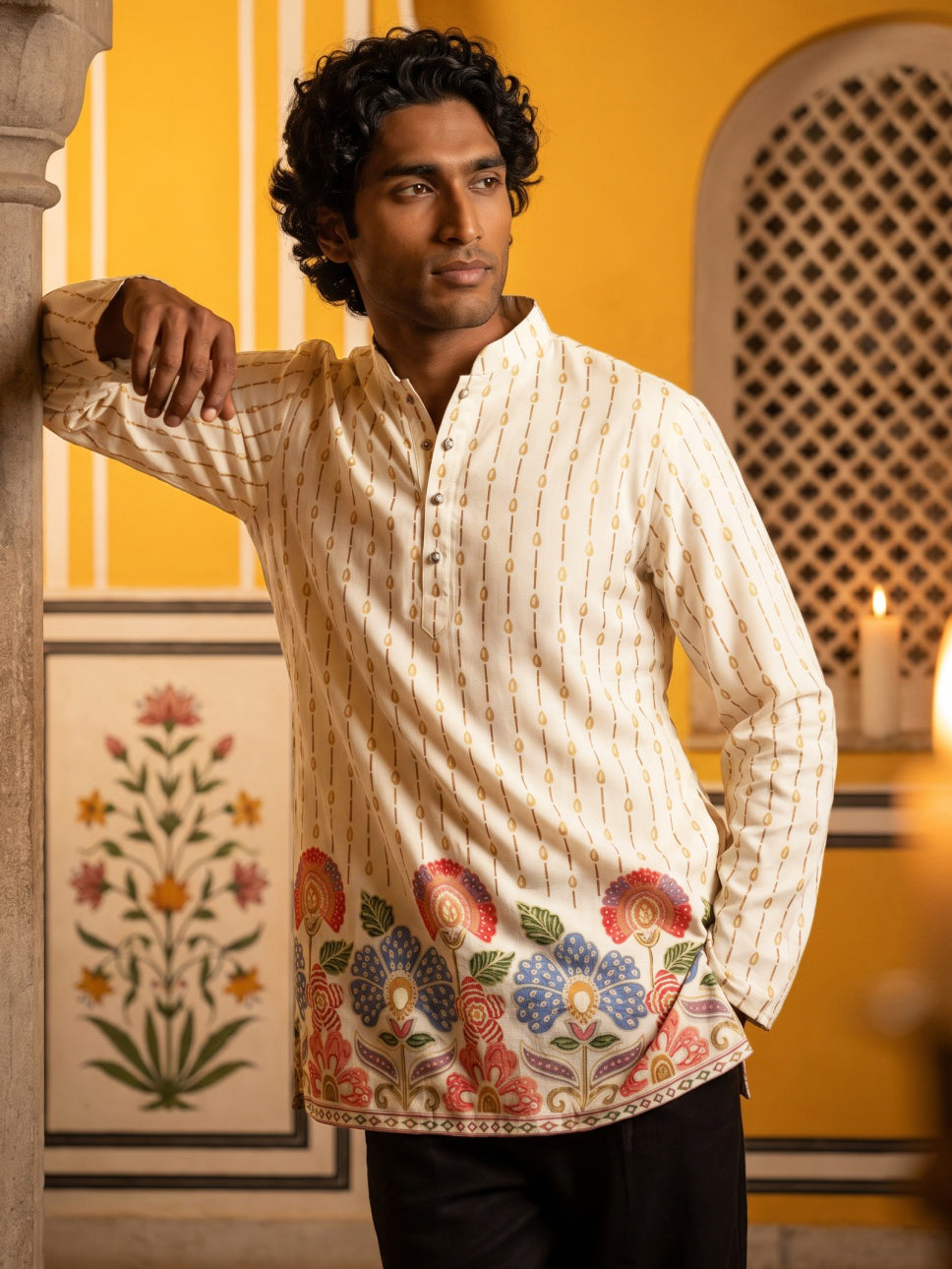 DesiQlo Men Printed Kurta Pyjama Set - White - 65KP_PJ11B_5566White_S