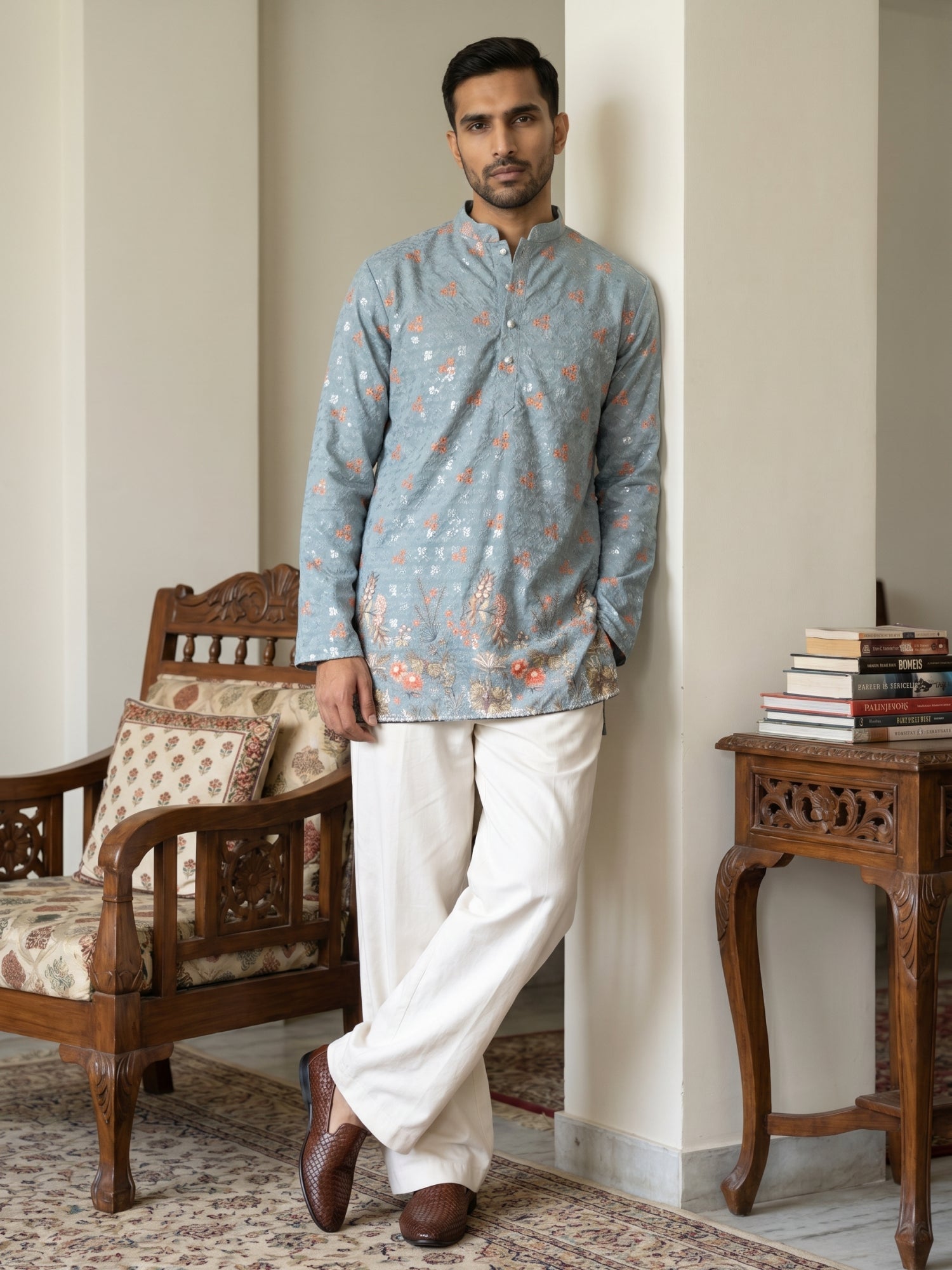 DesiQlo Men Printed Kurta Pyjama Set - Blue - 65KP_PJ11W_5567Blue_S