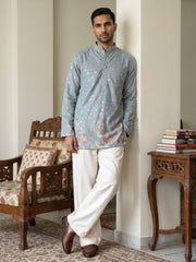 Men's Floral Printed & Thread Work Kurta with Korean Pants ( 65KP PJ11W 5567Blue )