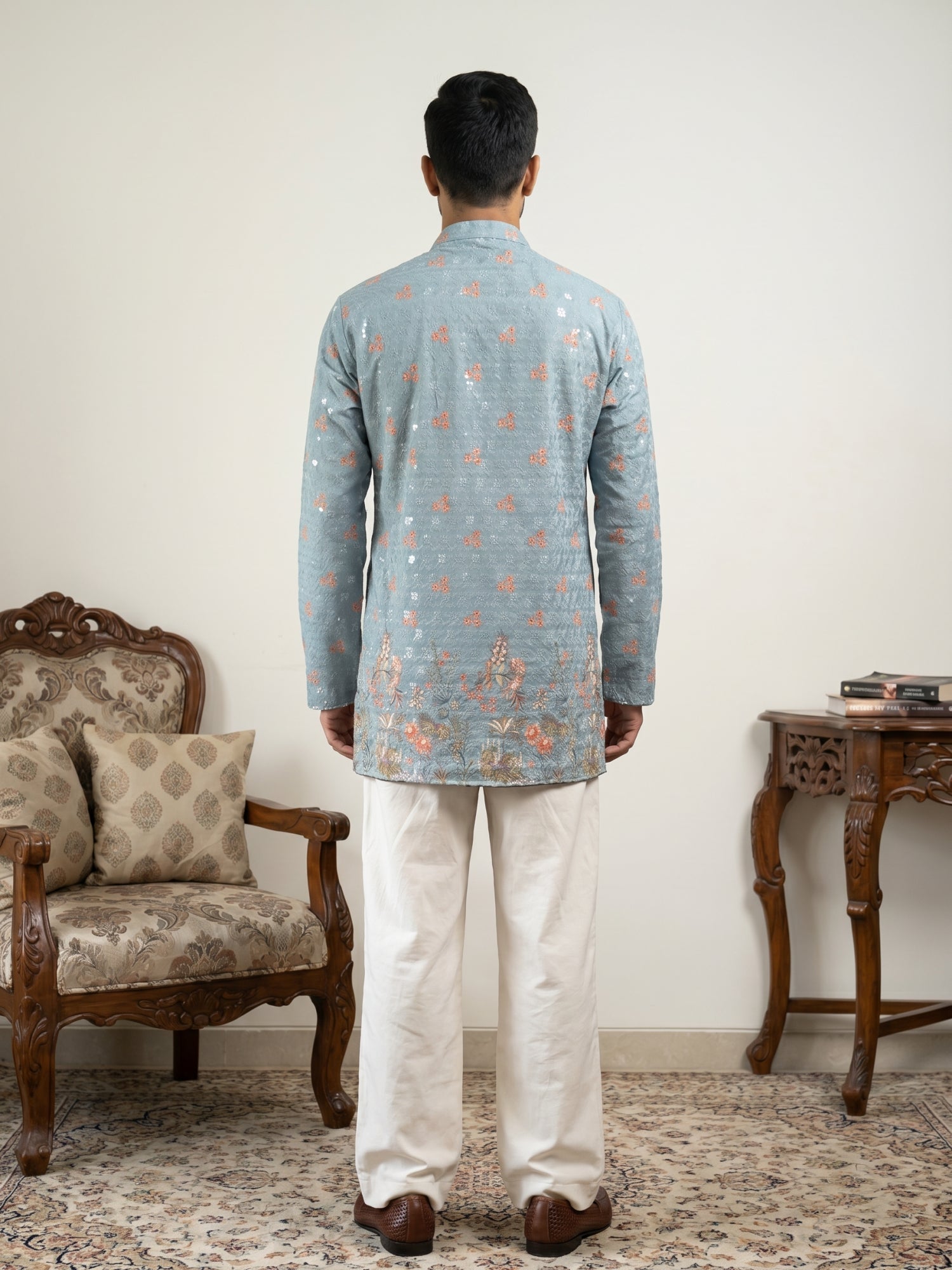 DesiQlo Men Printed Kurta Pyjama Set - Blue - 65KP_PJ11W_5567Blue_S