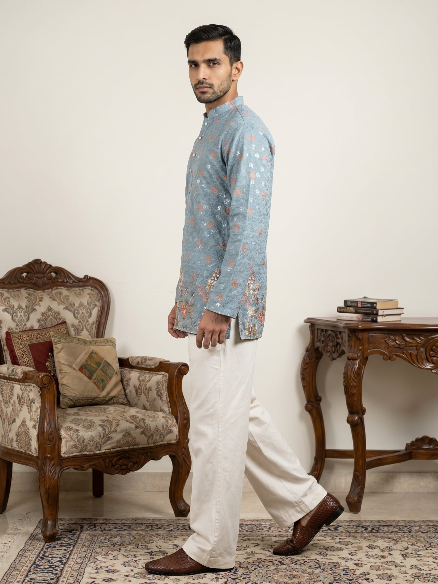 DesiQlo Men Printed Kurta Pyjama Set - Blue - 65KP_PJ11W_5567Blue_S