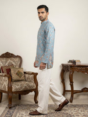 Men's Floral Printed & Thread Work Kurta with Korean Pants ( 65KP PJ11W 5567Blue )