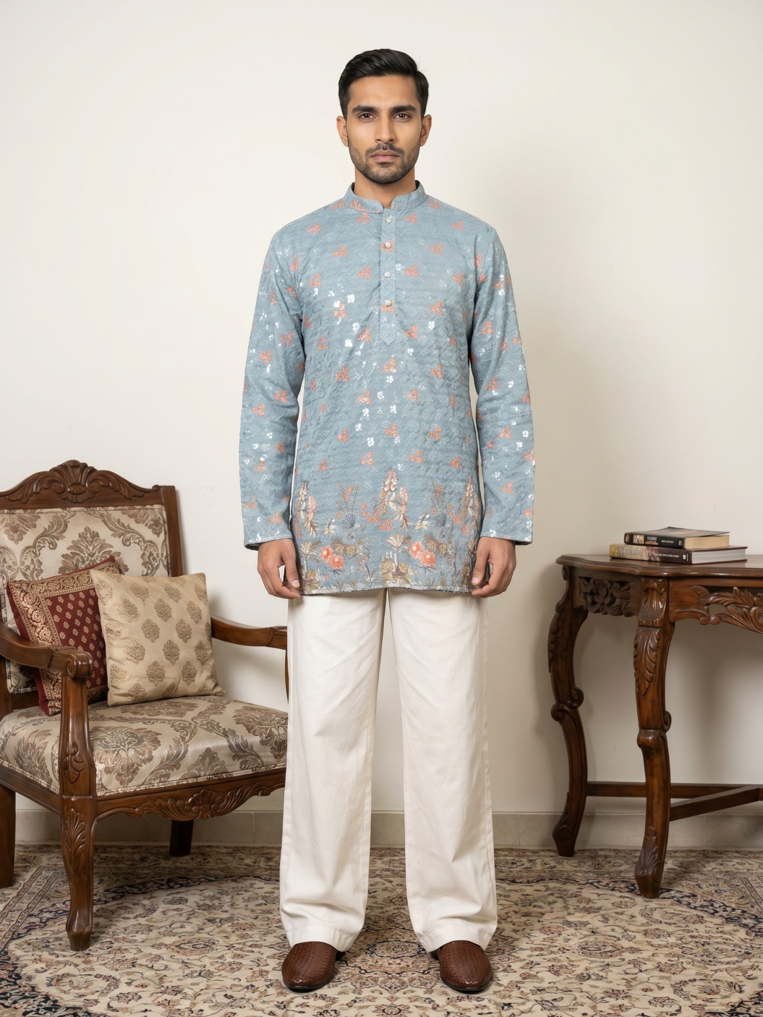 DesiQlo Men Printed Kurta Pyjama Set - Blue - 65KP_PJ11W_5567Blue_S