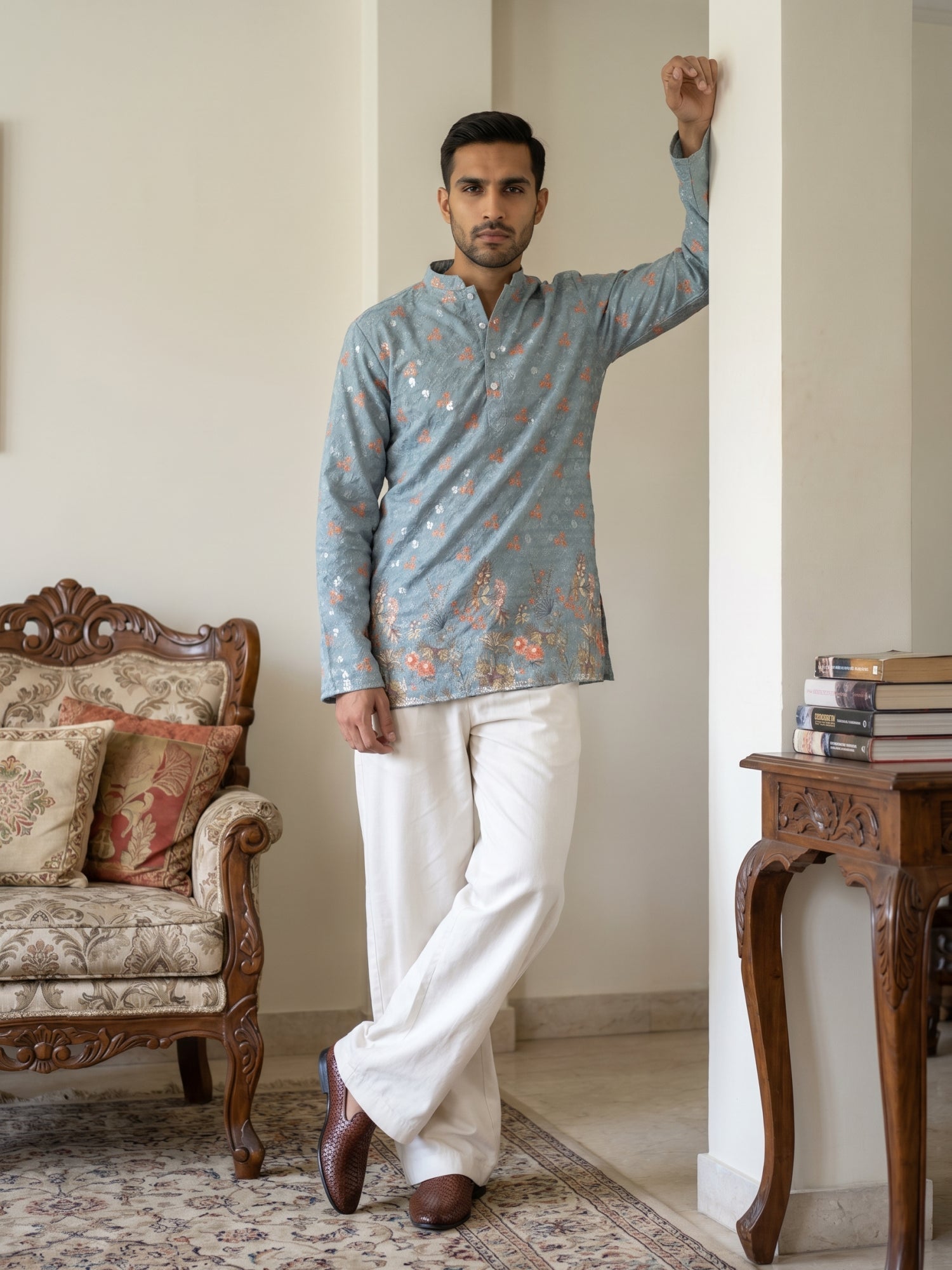 DesiQlo Men Printed Kurta Pyjama Set - Blue - 65KP_PJ11W_5567Blue_S